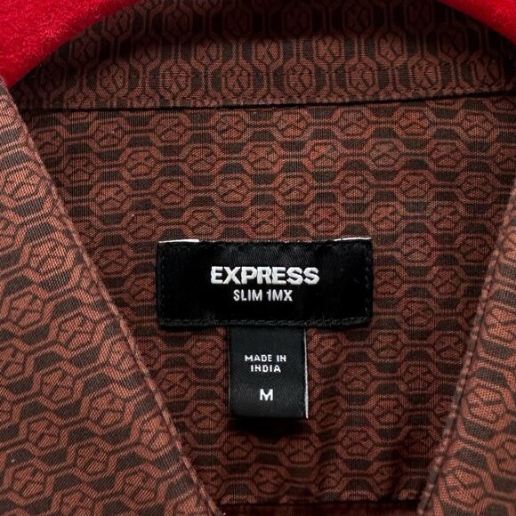 Express 1MX Shirt Mens M Button Up Long Sleeve Stretch Collared Geometric Brown - Picture 10 of 11
